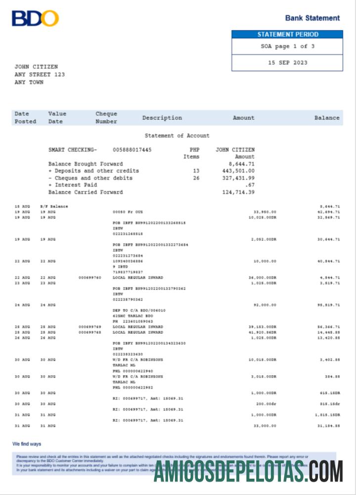 Exemplo de extrato bancário BDO das Filipinas, Word e PDF, versão 2